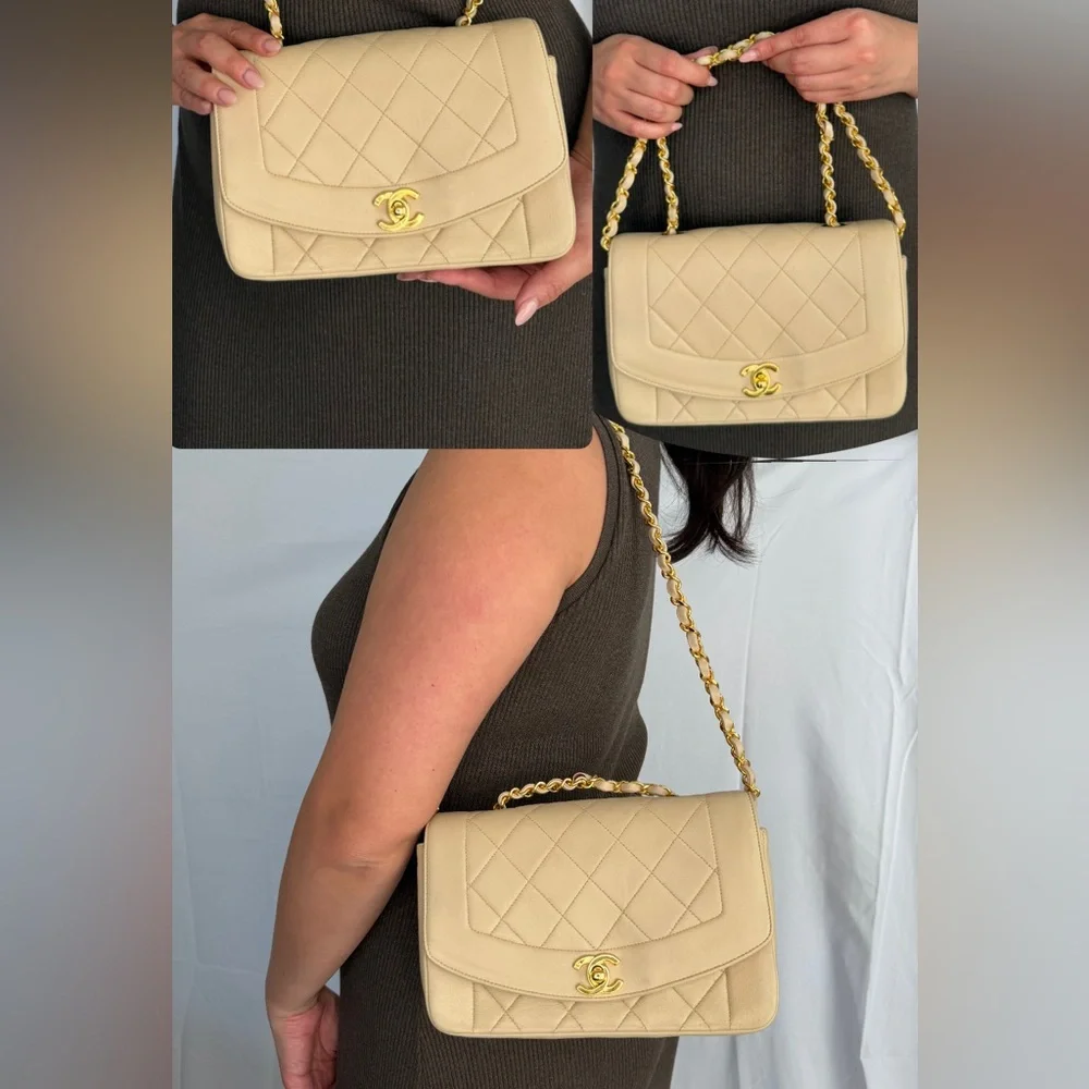 Vintage Chanel Diana Classic Flap Bag Beige Lambskin 24k Gold Hardware Bag - Picture 16 of 17